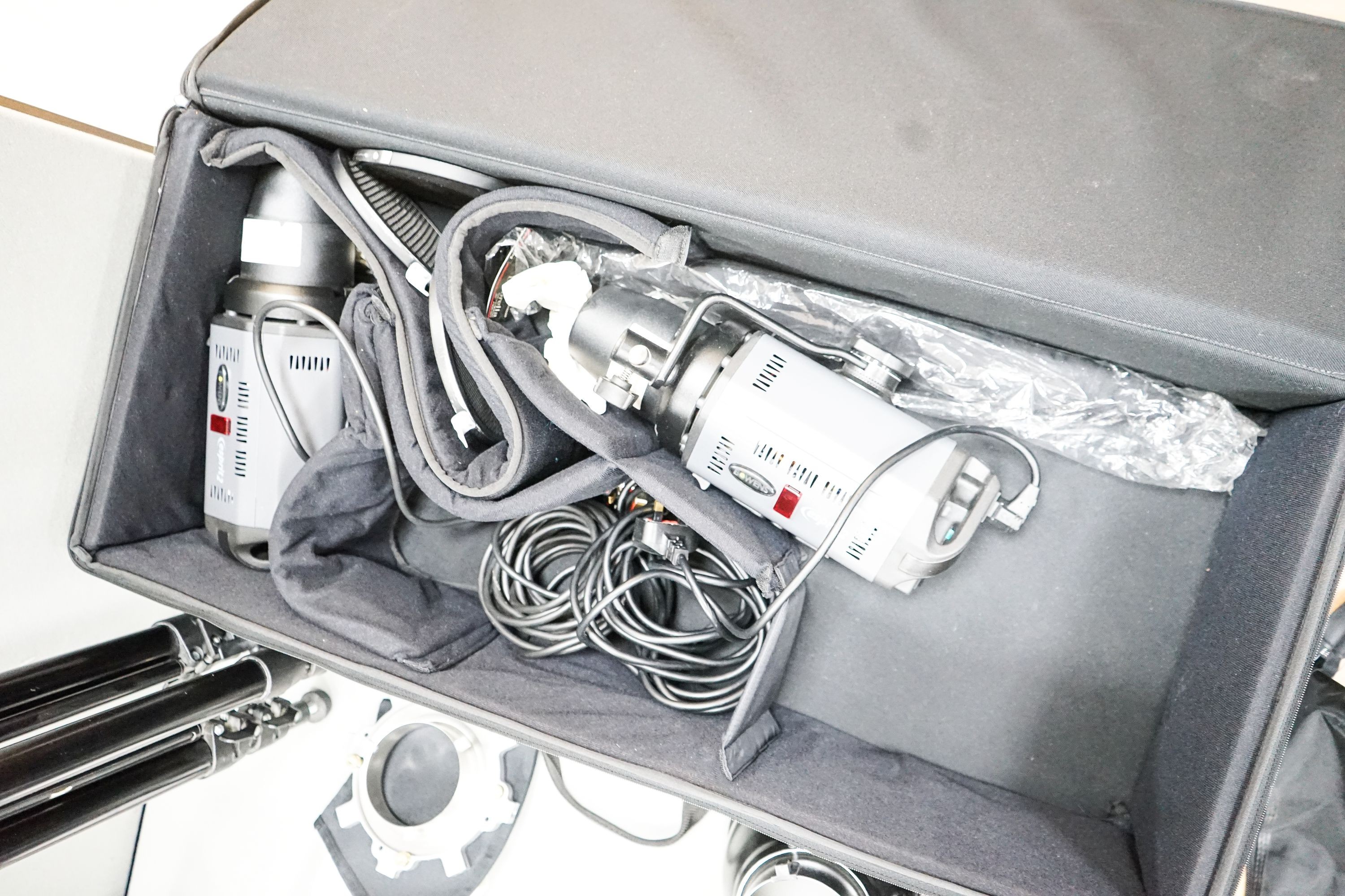 Professional photography equipment including a Pentax P30T SLR camera with Tamron 90mm f/2.5 lens, a pair of Bowens Esprit 1000 lights and a pair of Esprit 500 lights, a pair of Esprit 2 500 lights, various soft boxes, v